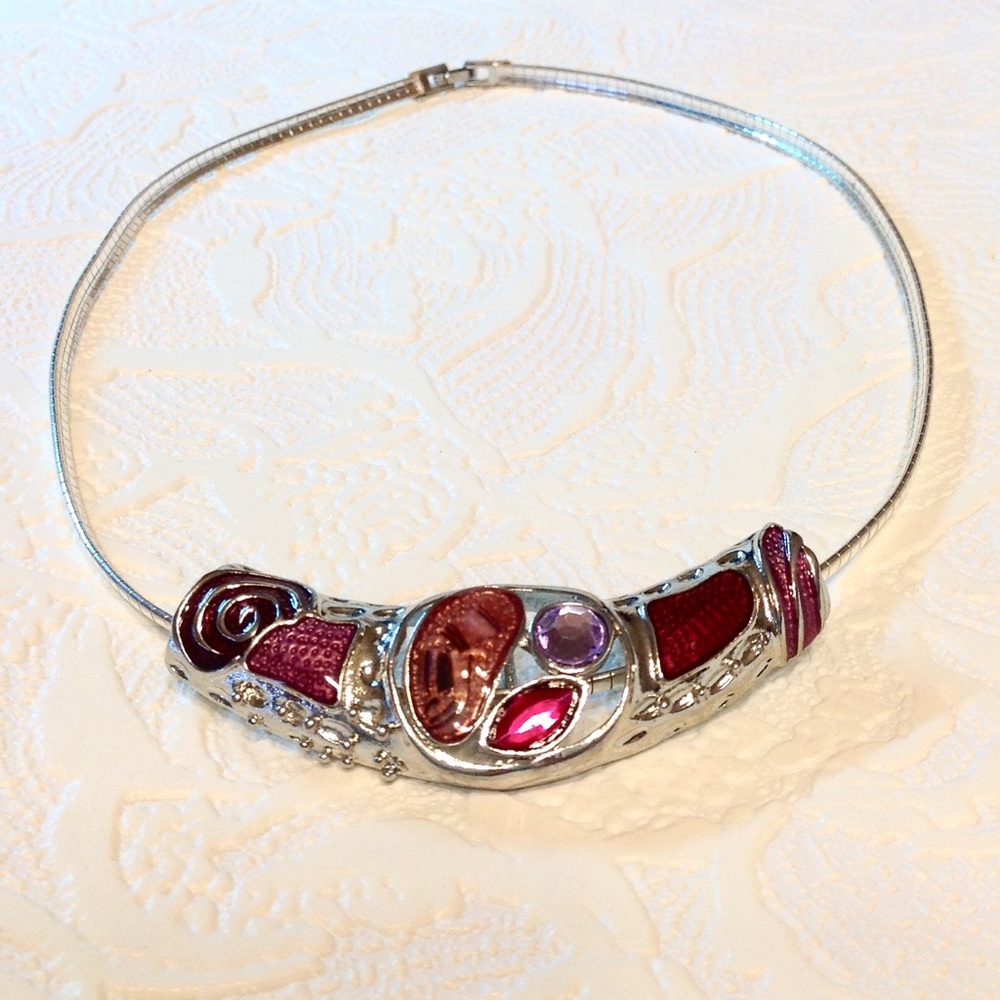 Silver Tone Necklace Enameled Art & Rhinestones